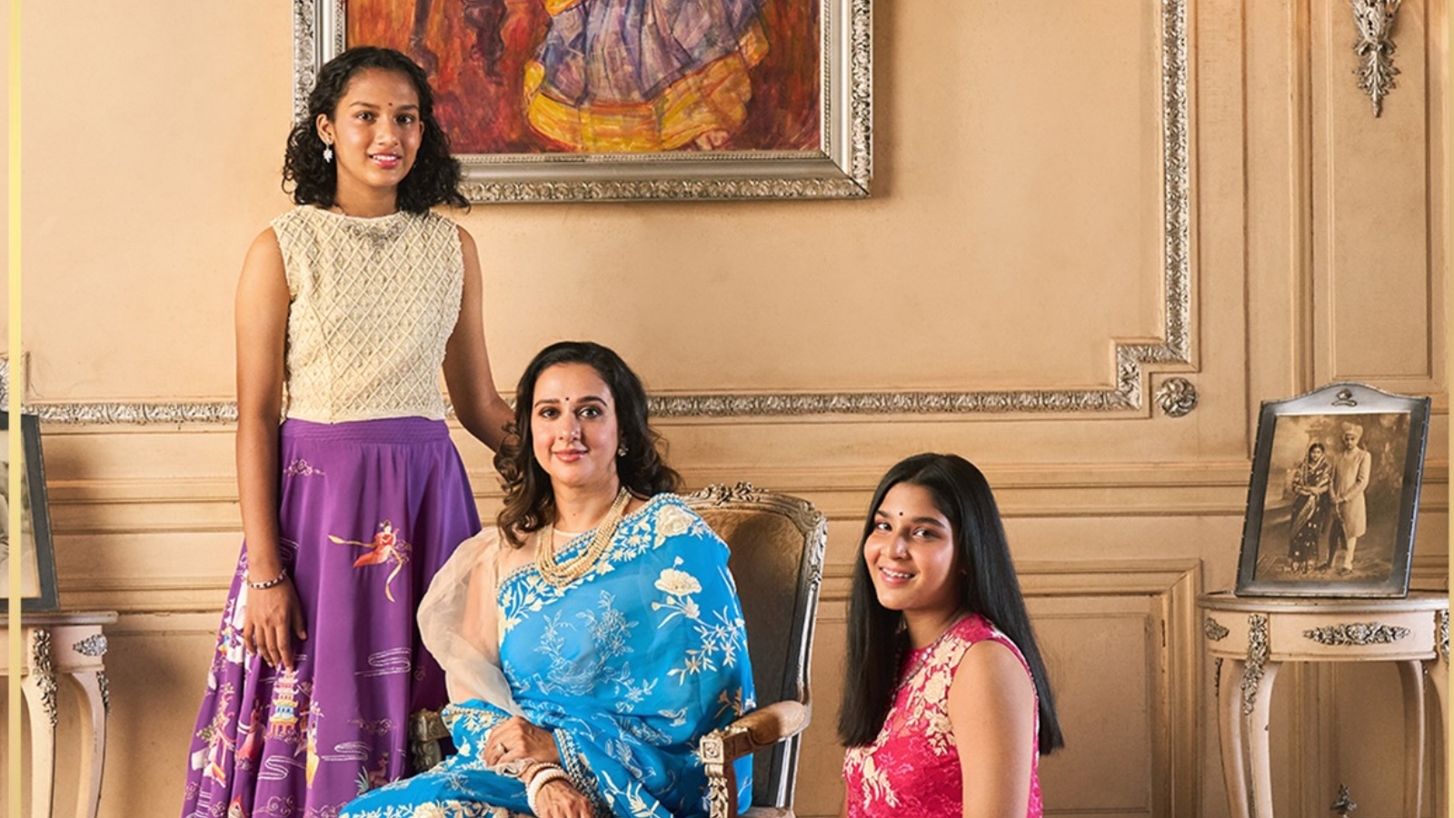 The most beautiful queen of 47 years, dressed in a 150 year old heritage saree, reflects the desi look with princess daughters.