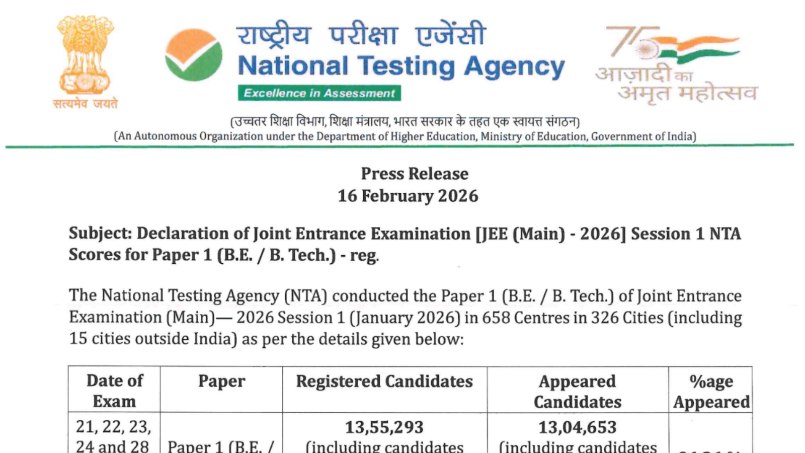 JEE Main Result 2026 OUT: JEE Main Session 1 result released, check first from this direct link