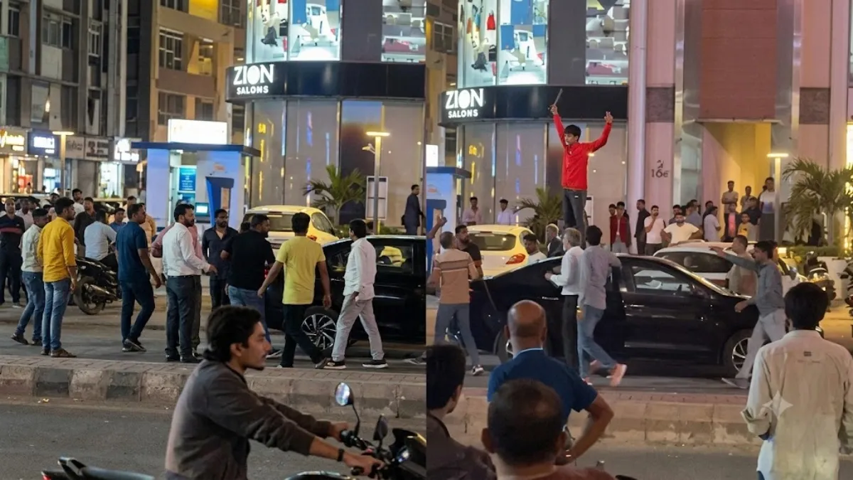 Gandhinagar: Terror of anti-social elements on public roads! Car vandalized, youth fatally assaulted; Watch the VIDEO